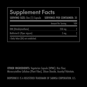Supplement facts label with black background and white text