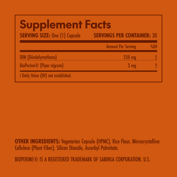 Olympian Labs DIM 250 Supplement facts label on an orange background