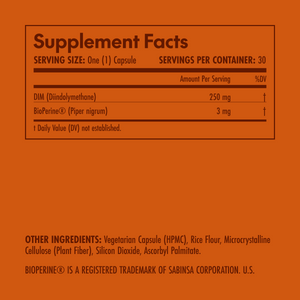 Olympian Labs DIM 250 Supplement facts label on an orange background