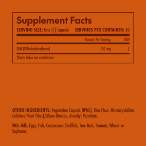 Olympian Labs DIM 150mg Supplement facts label with orange background and black text