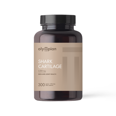 Supplement bottle labeled 'Shark Cartilage' by Olympian on a white background