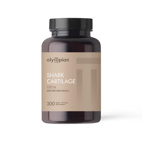 Supplement bottle labeled 'Shark Cartilage' by Olympian on a white background