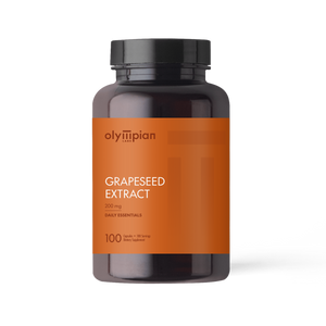 Supplement bottle labeled 'Grapeseed Extract' with orange label on a white background