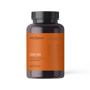 Supplement bottle labeled 'DIM 100' by Olympian Labs on an orange label with a white background.