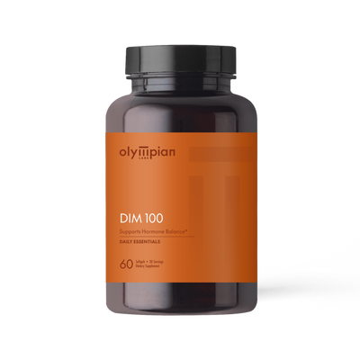 Supplement bottle labeled 'DIM 100' by Olympian Labs on an orange label with a white background.