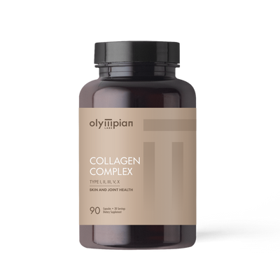 Supplement bottle labeled 'Collagen Complex' by Olympian on a white background
