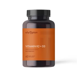 Supplement bottle labeled 'Olympian Vitamin K2 + D3' on a white background
