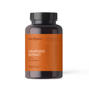 Supplement bottle labeled 'Grapeseed Extract' by Olympian Labs on a white background