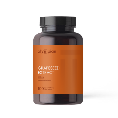 Supplement bottle labeled 'Grapeseed Extract' by Olympian Labs on a white background
