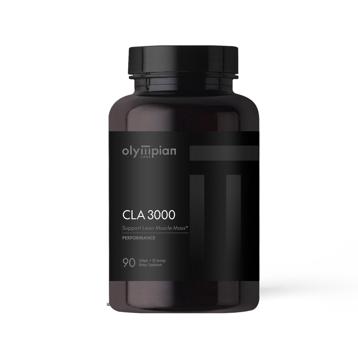 Black supplement bottle labeled 'olympian CLA 3000' on a white background