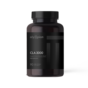 Black supplement bottle labeled 'olympian CLA 3000' on a white background
