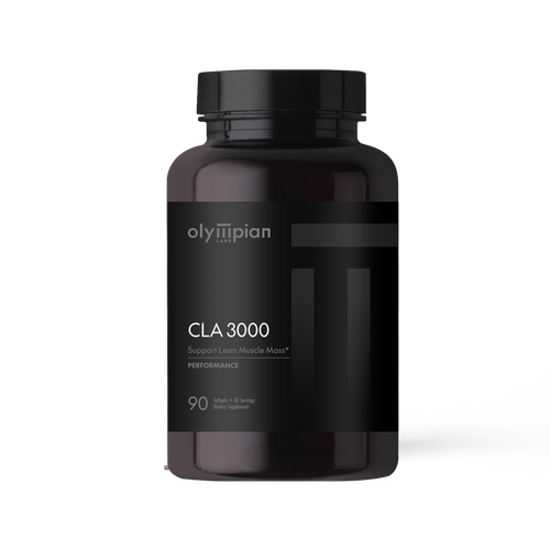 Black supplement bottle labeled 'olympian CLA 3000' on a white background