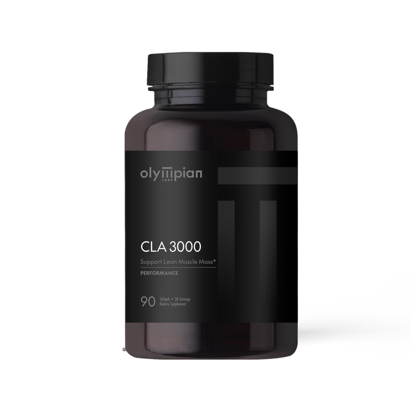 Black supplement bottle labeled 'olympian CLA 3000' on a white background