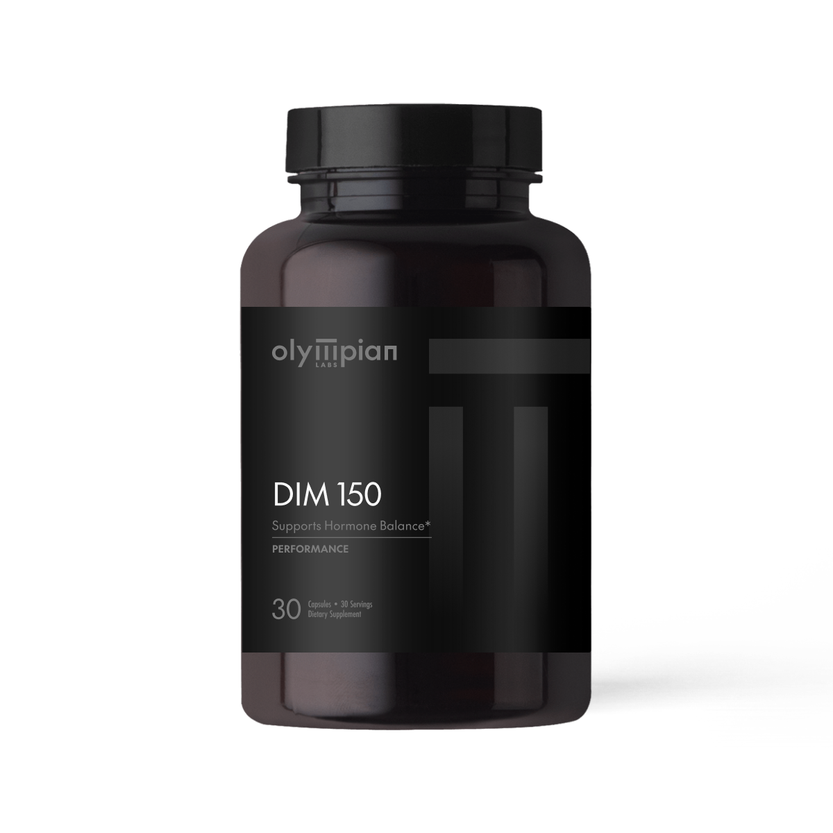Olympian Labs Black label supplement bottle with 'DIM 150' on a white background