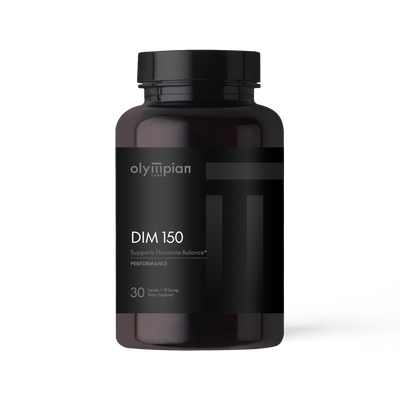 Olympian Labs Black label supplement bottle with 'DIM 150' on a white background