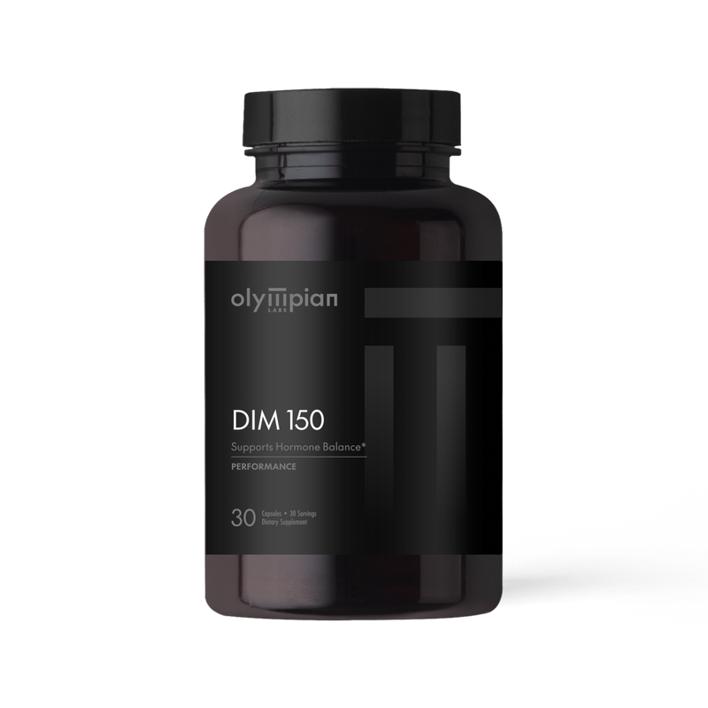 Olympian Labs Black label supplement bottle with 'DIM 150' on a white background