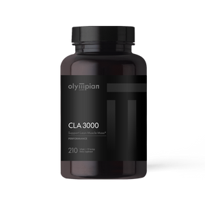 Black supplement bottle labeled 'CLA 3000' by Olympian on a white background