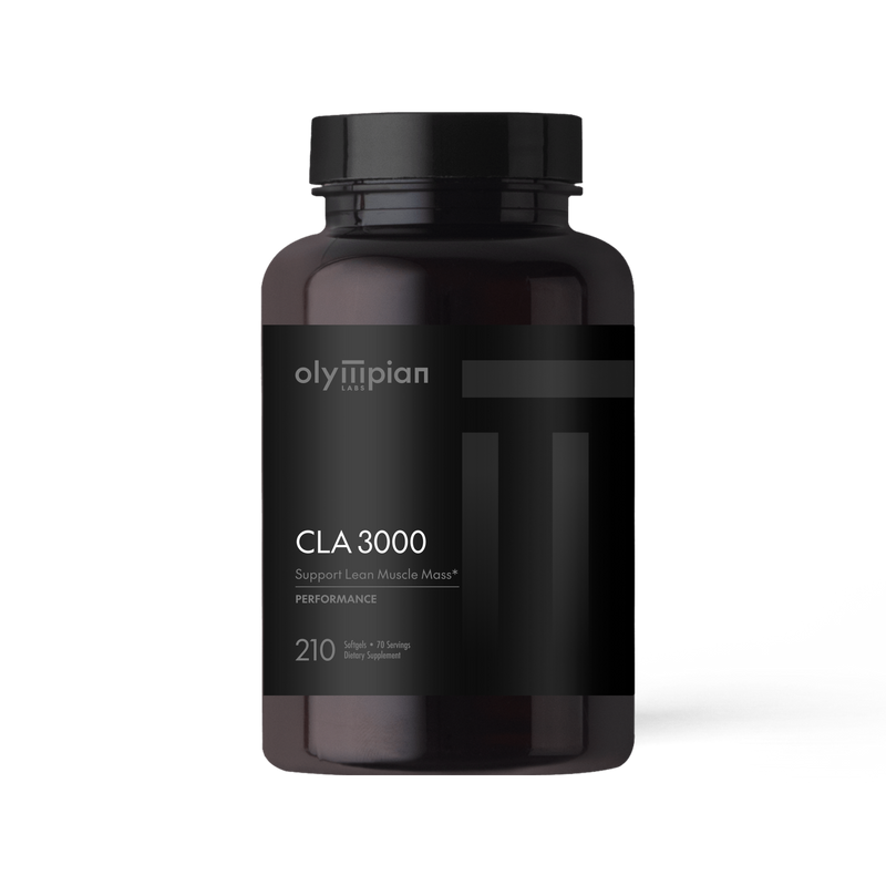 Black supplement bottle labeled 'CLA 3000' by Olympian on a white background