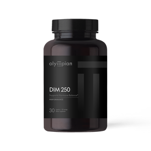 Black supplement bottle labeled 'olympian' with 'DIM 250' on a white background