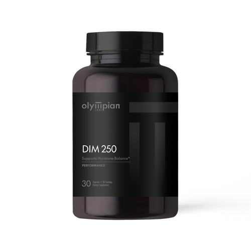Black supplement bottle labeled 'olympian' with 'DIM 250' on a white background