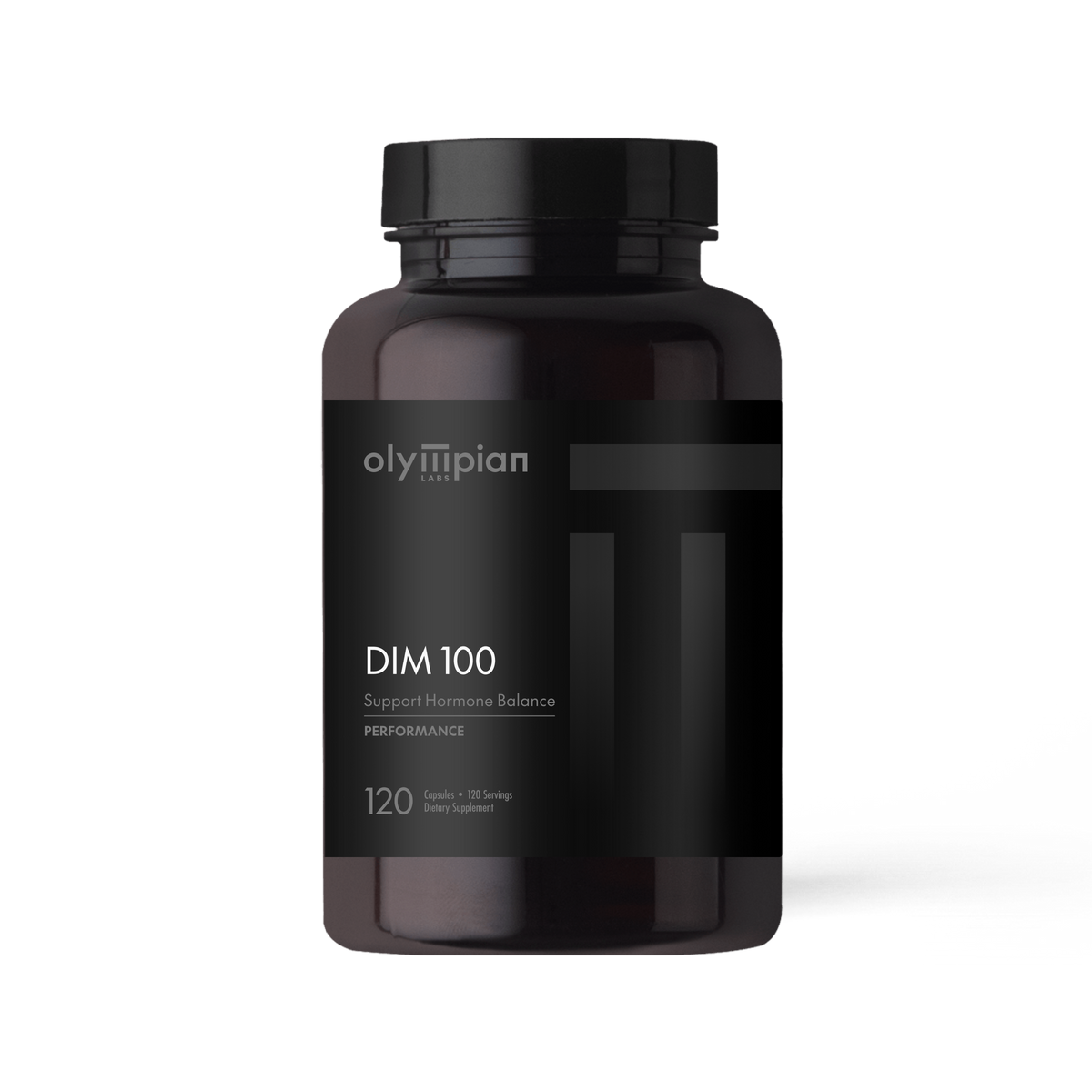 Black supplement bottle labeled 'DIM 100' by Olympian on a white background