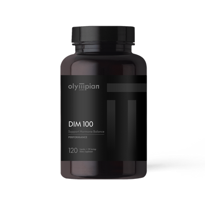 Black supplement bottle labeled 'DIM 100' by Olympian on a white background