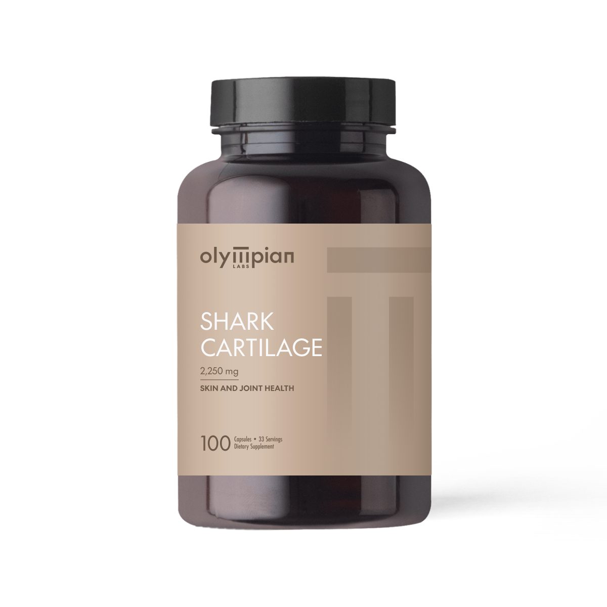 Supplement bottle labeled 'Shark Cartilage' by Olympian on a white background