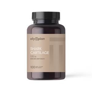 Supplement bottle labeled 'Shark Cartilage' by Olympian on a white background