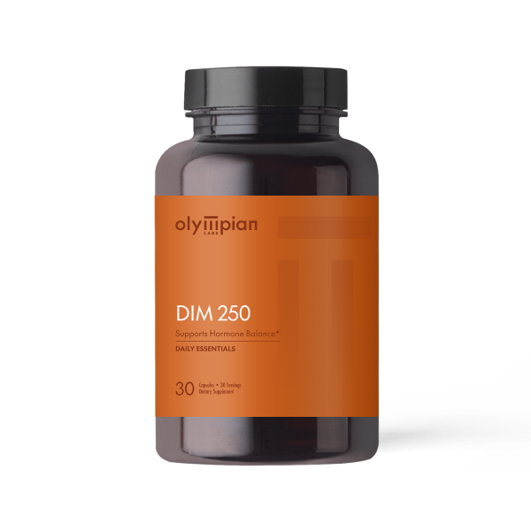 Supplement bottle labeled 'DIM 250' by Olympian Labs on an orange label with black cap.