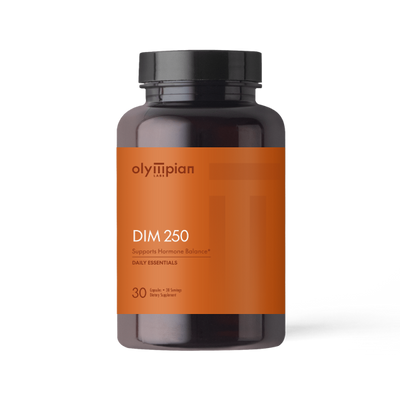 Supplement bottle labeled 'DIM 250' by Olympian Labs on an orange label with black cap.