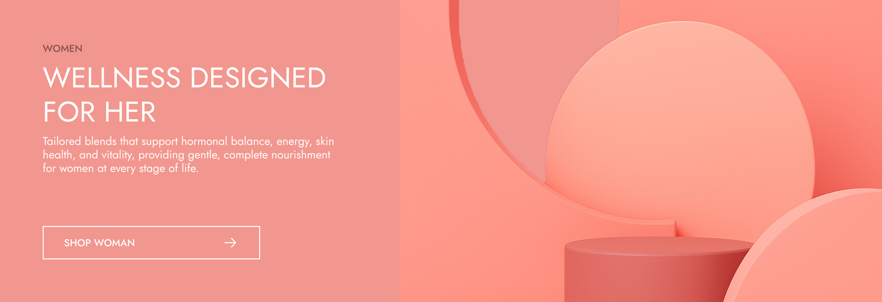 Promotional banner for 'Wellness Designed for Her' with abstract shapes on a pink background.